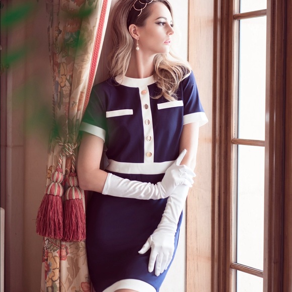 Alexa Admor Gold Button MIDI Navy Dress | Audrey Hepburn | Sz S | Figure Hugging - Picture 2 of 8